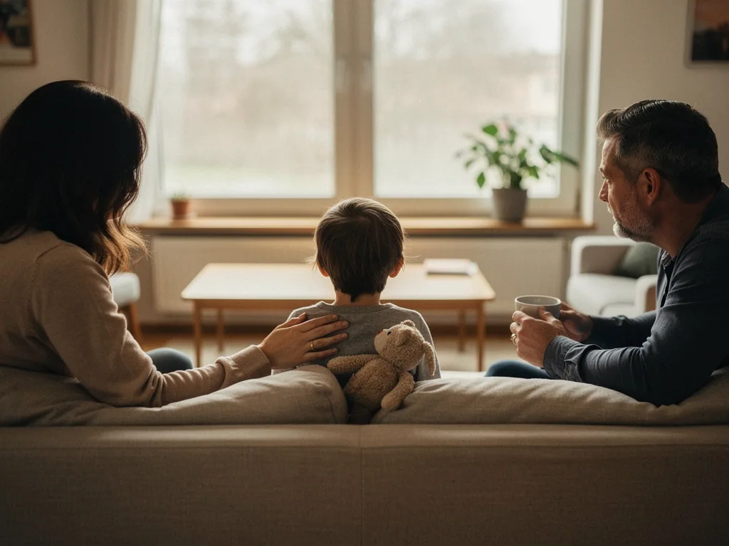 Eltern sitzen mit ihrem Kind und einem Teddy auf dem Sofa und führen ein ruhiges Gespräch im Wohnzimmer.