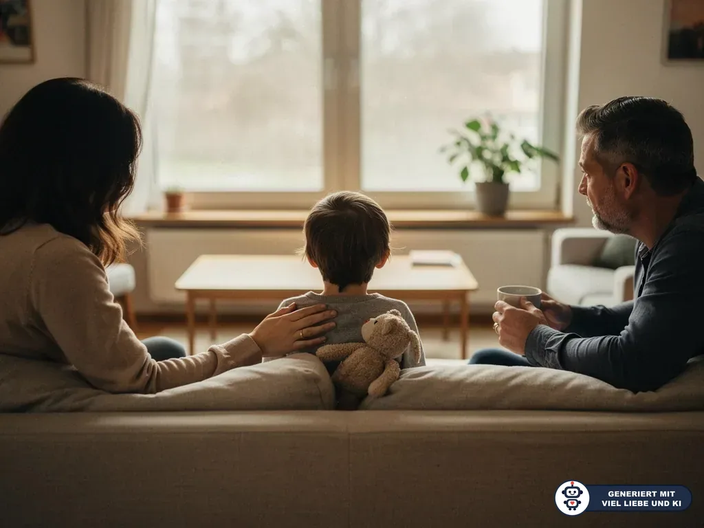 Eltern sitzen mit ihrem Kind und einem Teddy auf dem Sofa und führen ein ruhiges Gespräch im Wohnzimmer. (mit KI erstellt)