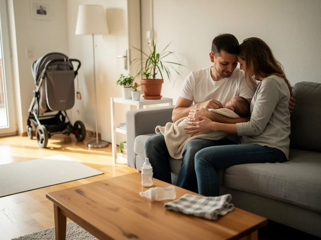 Eltern sitzen mit ihrem Neugeborenen auf dem Sofa; Kinderwagen, Babyflasche und Tuch stehen im Wohnzimmer.