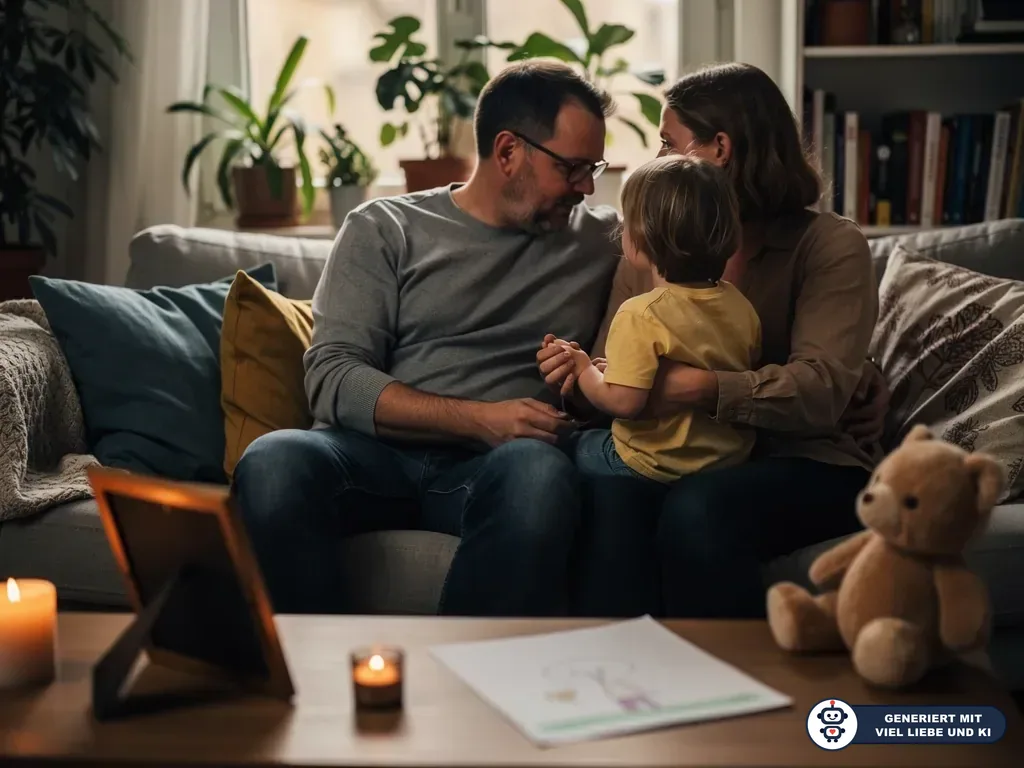Eltern sitzen mit Kind eng umarmt auf dem Sofa, davor Kerzen, Bilderrahmen und Kuscheltier im Wohnzimmer. (mit KI erstellt)