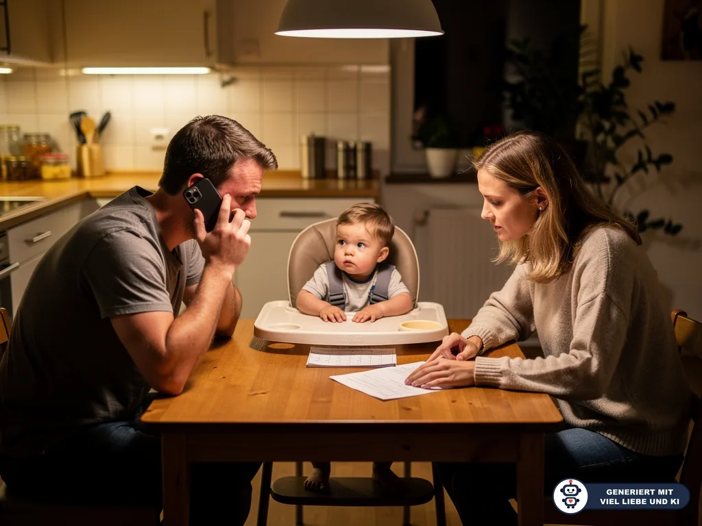 Eltern sitzen mit Kleinkind am Küchentisch, der Vater telefoniert, die Mutter prüft Unterlagen. (mit KI erstellt)