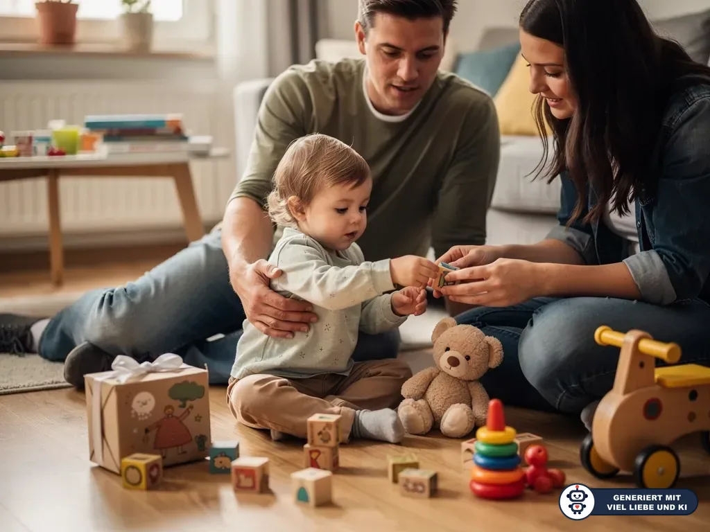 Eltern sitzen mit Kleinkind auf dem Boden und spielen mit Holzklötzen, Teddybär, Stapelturm und Geschenkbox. (mit KI erstellt)