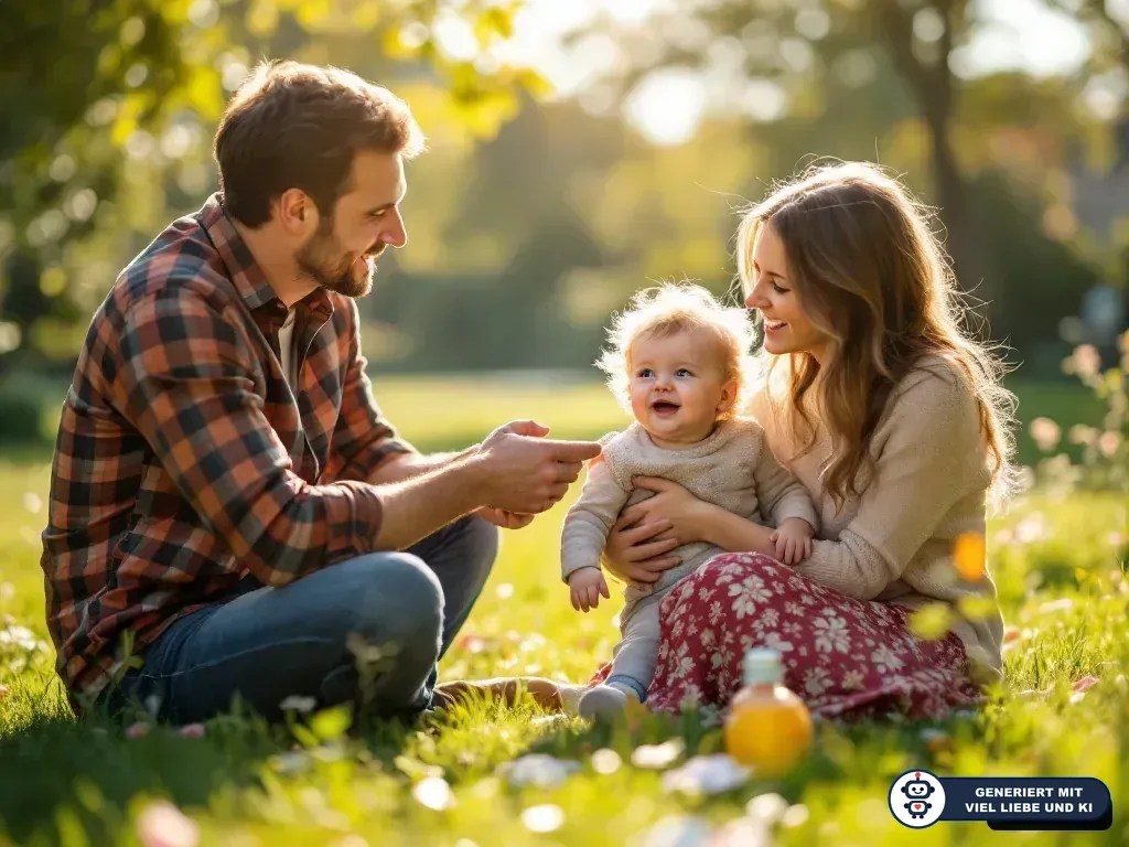 Eltern sitzen mit lachendem Baby auf einer Wiese im Park, vor ihnen liegen Picknickutensilien. (mit KI erstellt)
