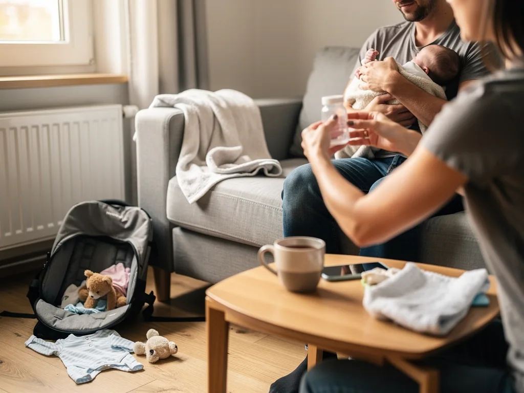 Eltern sitzen mit Neugeborenem auf dem Sofa; Babyschale, Kleidung und Fläschchen liegen im Wohnzimmer bereit.