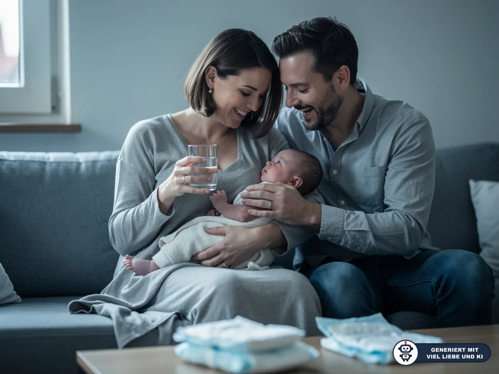 Eltern sitzen mit Neugeborenem auf dem Sofa; die Mutter hält ein Glas Wasser, der Vater stützt das Baby. (mit KI erstellt)