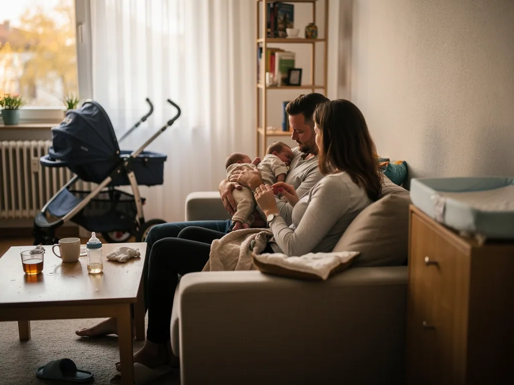Eltern sitzen mit neugeborenen Zwillingen auf dem Sofa; Kinderwagen, Wickelkommode und Fläschchen im Wohnzimmer.