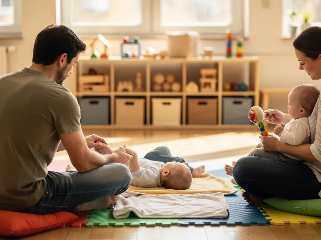 Eltern sitzen mit zwei Babys auf Spielmatten in einem hellen Raum mit Holzspielzeugregal.