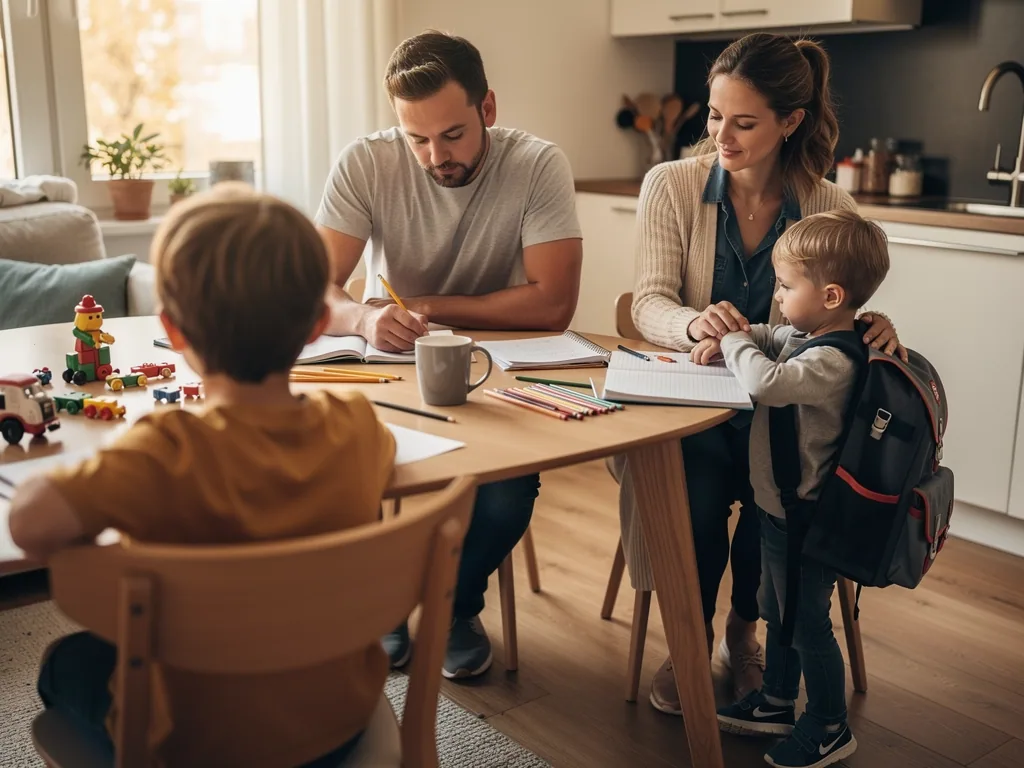 Eltern sitzen mit zwei Kindern am Küchentisch, schreiben in Hefte; Stifte, Spielzeug und Schulranzen liegen bereit.