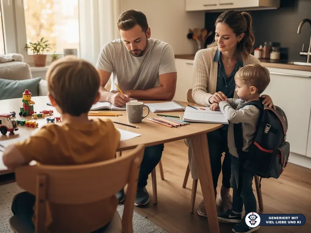 Eltern sitzen mit zwei Kindern am Küchentisch, schreiben in Hefte; Stifte, Spielzeug und Schulranzen liegen bereit. (mit KI erstellt)