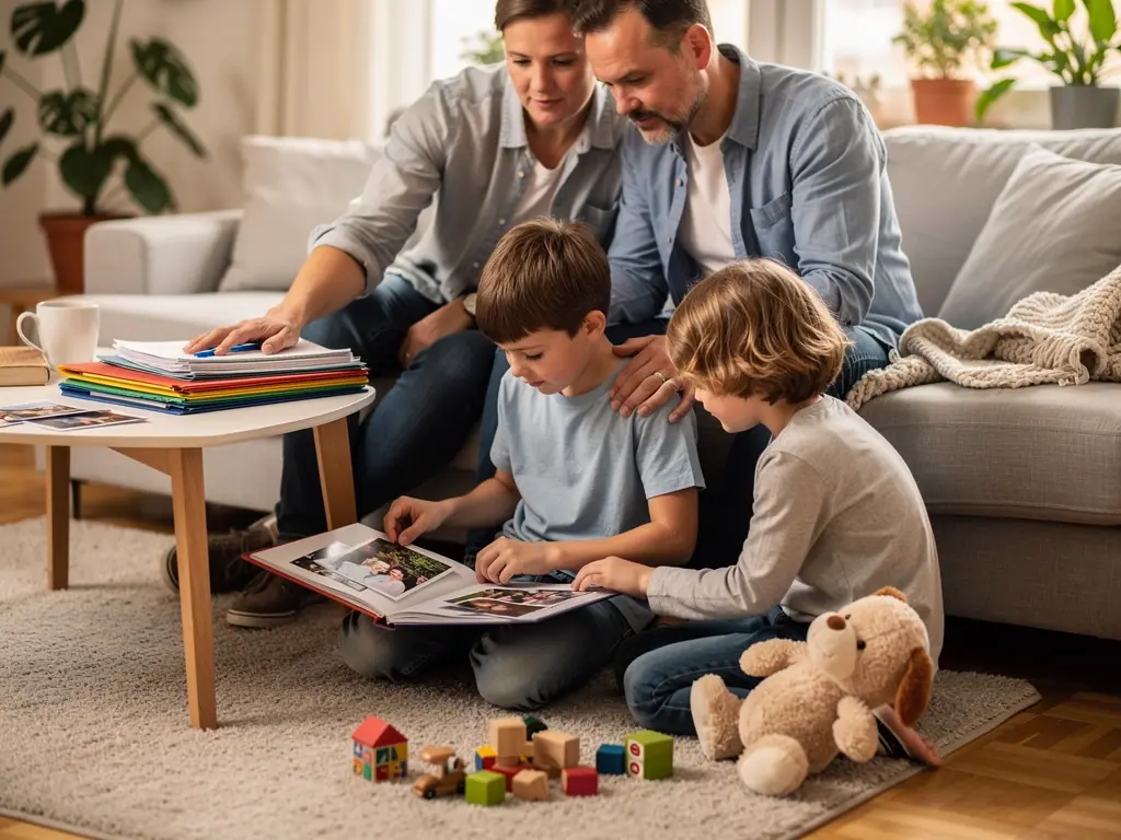 Eltern sitzen mit zwei Kindern im Wohnzimmer und schauen in ein Fotoalbum; Aktenordner liegen auf dem Tisch.