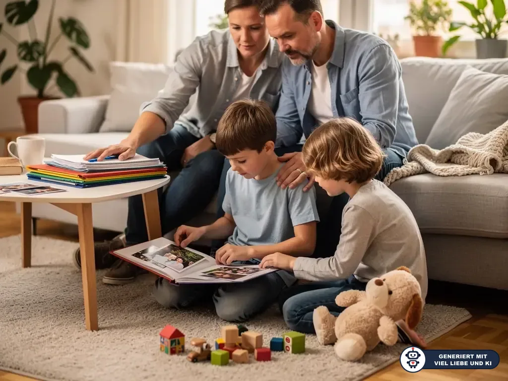 Eltern sitzen mit zwei Kindern im Wohnzimmer und schauen in ein Fotoalbum; Aktenordner liegen auf dem Tisch. (mit KI erstellt)