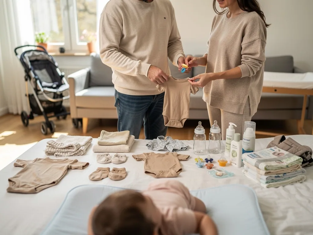 Eltern sortieren Babybody und Erstausstattung auf dem Bett; Baby, Windeln, Fläschchen und Kinderwagen im Zimmer.