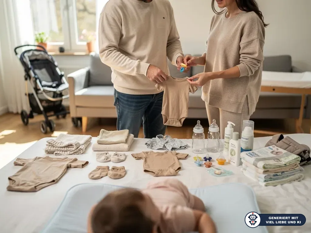 Eltern sortieren Babybody und Erstausstattung auf dem Bett; Baby, Windeln, Fläschchen und Kinderwagen im Zimmer. (mit KI erstellt)