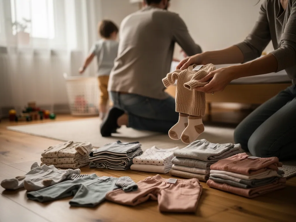 Eltern sortieren Babykleidung nach Größen, während ein Kleinkind im hellen Zimmer spielt.