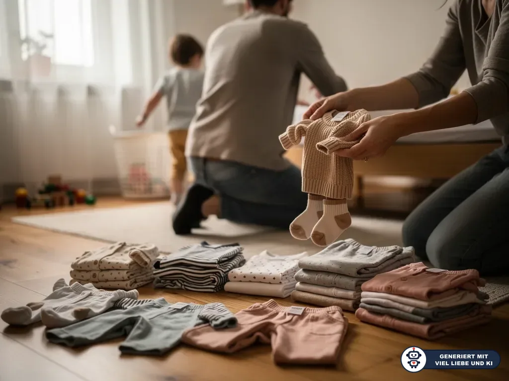 Eltern sortieren Babykleidung nach Größen, während ein Kleinkind im hellen Zimmer spielt. (mit KI erstellt)