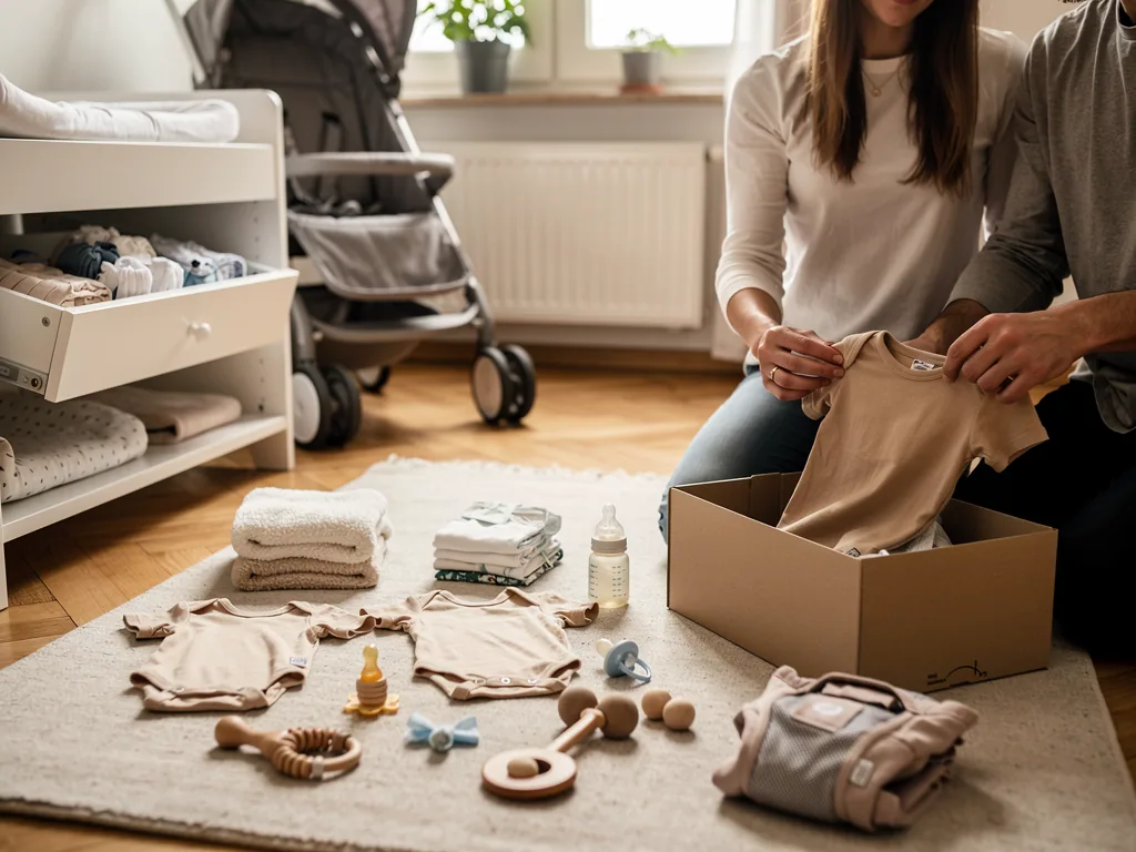 Eltern sortieren Bodys, Windeln, Handtücher und Babyflasche im Kinderzimmer vor Wickelkommode und Kinderwagen.
