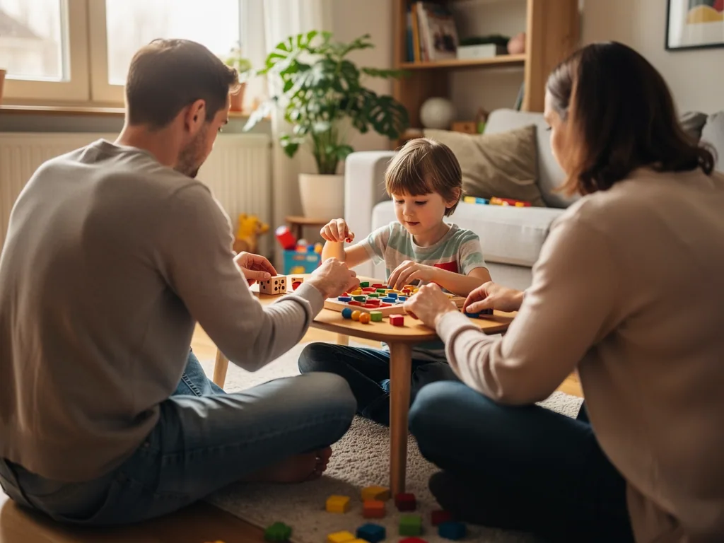 Eltern spielen mit Kind im Wohnzimmer ein selbst gemachtes Brettspiel mit Würfeln und bunten Spielsteinen.