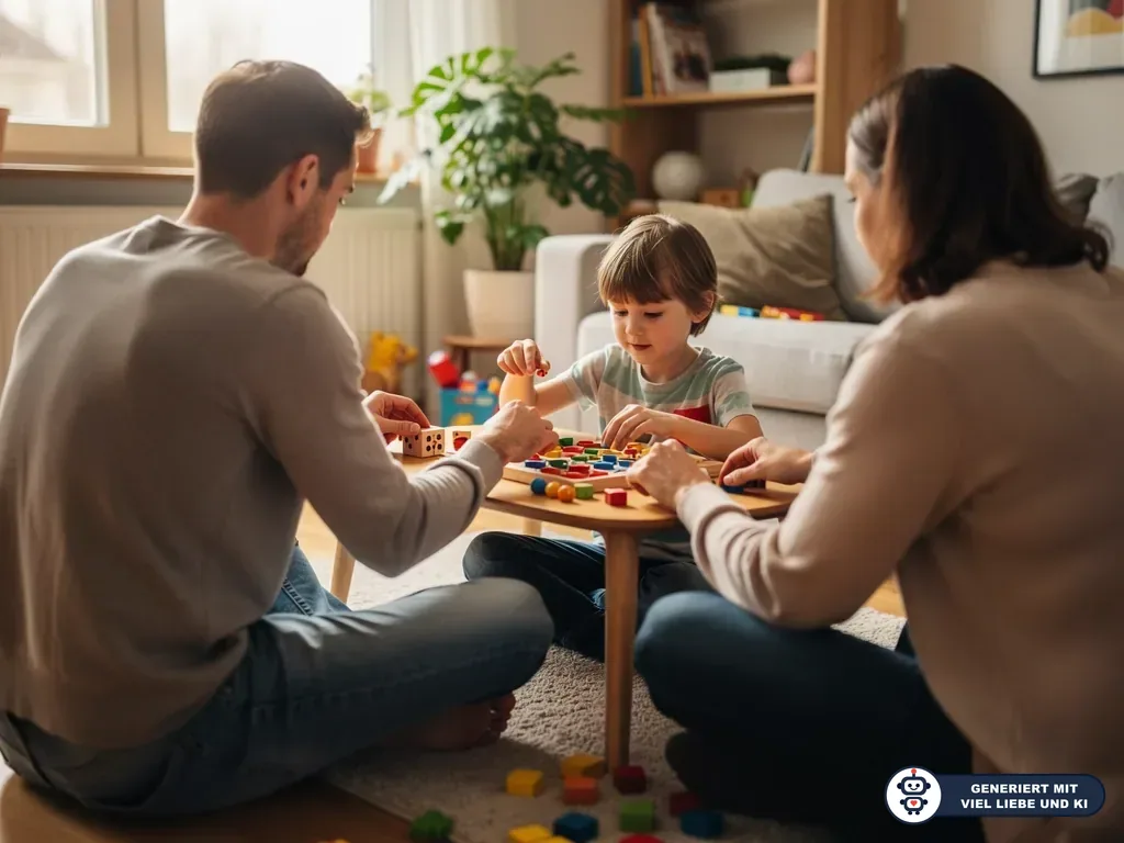 Eltern spielen mit Kind im Wohnzimmer ein selbst gemachtes Brettspiel mit Würfeln und bunten Spielsteinen. (mit KI erstellt)