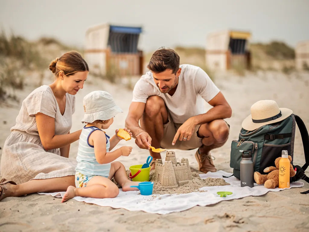 Eltern spielen mit Kleinkind am Strand im Sand, daneben Rucksack, Sonnencreme, Trinkflasche und Spielzeug.
