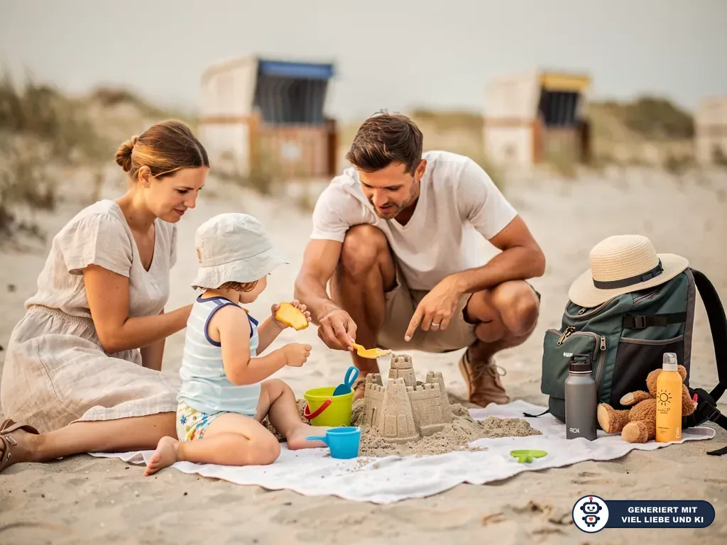 Eltern spielen mit Kleinkind am Strand im Sand, daneben Rucksack, Sonnencreme, Trinkflasche und Spielzeug. (mit KI erstellt)