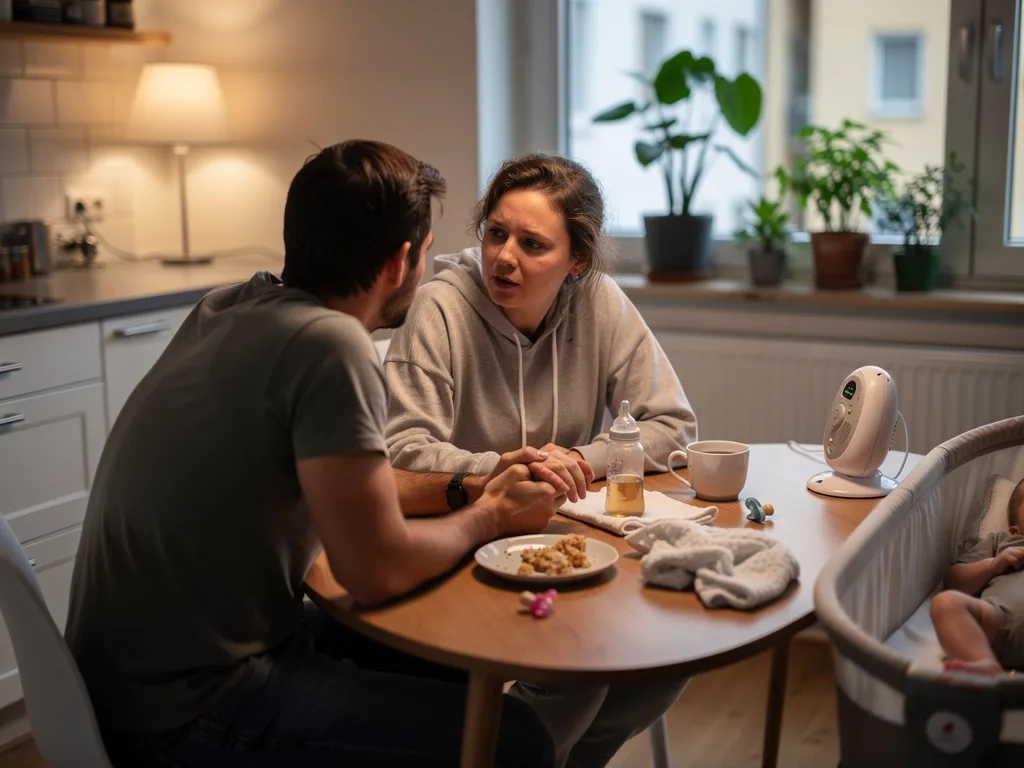 Eltern sprechen am Küchentisch, daneben liegt ein Baby im Beistellbett mit Flasche, Schnuller und Babyphone.