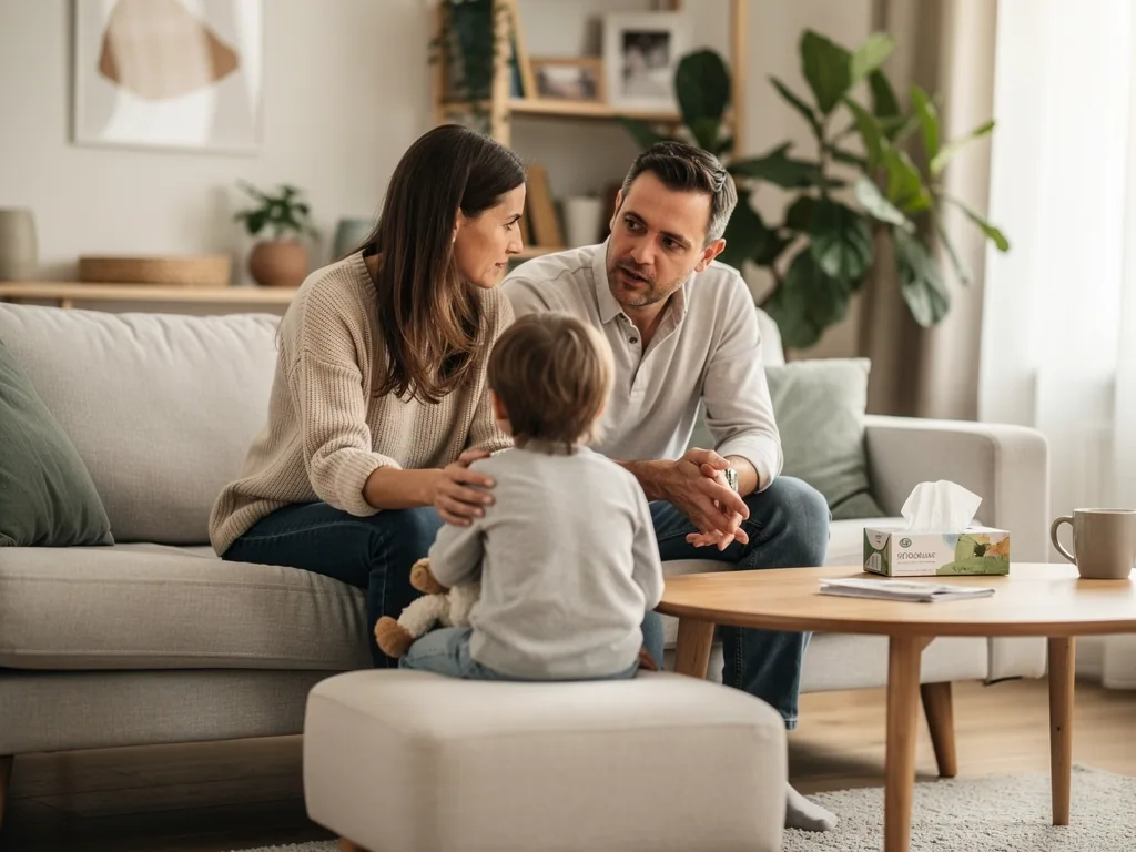 Eltern sprechen im Wohnzimmer ruhig mit ihrem Kind, das mit Kuscheltier auf einem Hocker sitzt.