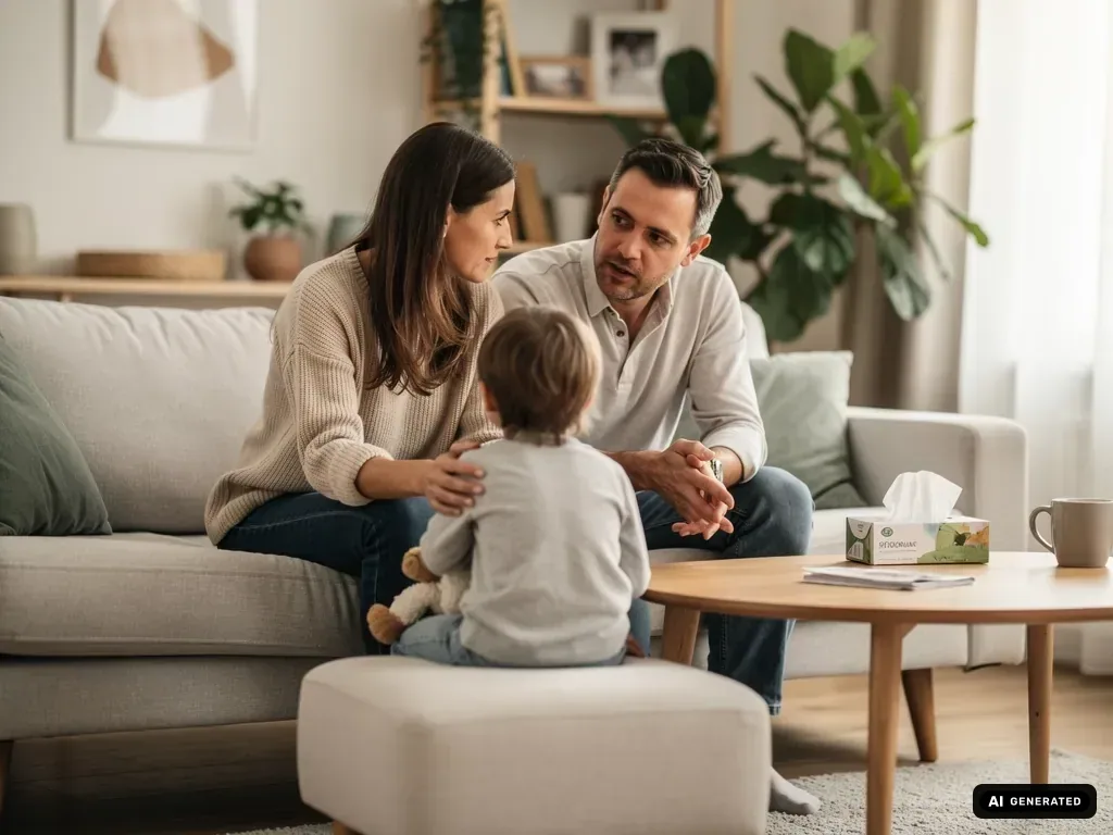 Eltern sprechen im Wohnzimmer ruhig mit ihrem Kind, das mit Kuscheltier auf einem Hocker sitzt. (mit KI erstellt)