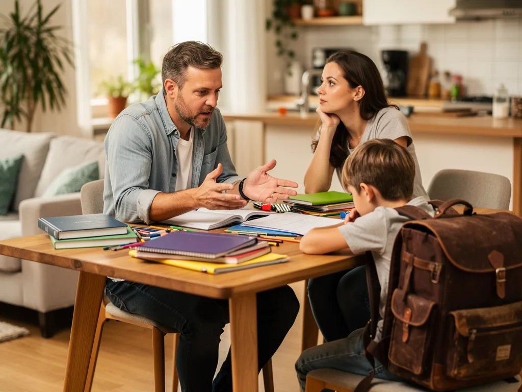 Eltern sprechen mit ihrem Sohn am Küchentisch über Schulhefte, Bücher und Hausaufgaben.