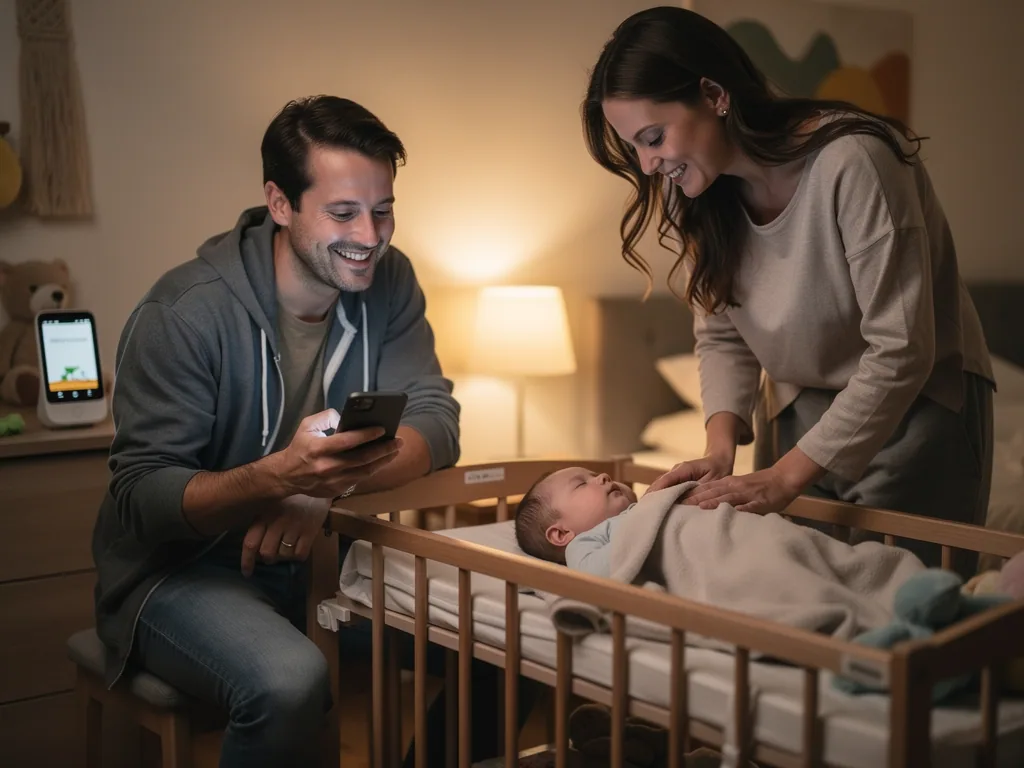 Eltern stehen am Babybett; der Vater prüft eine App, die Mutter deckt das schlafende Baby zu.
