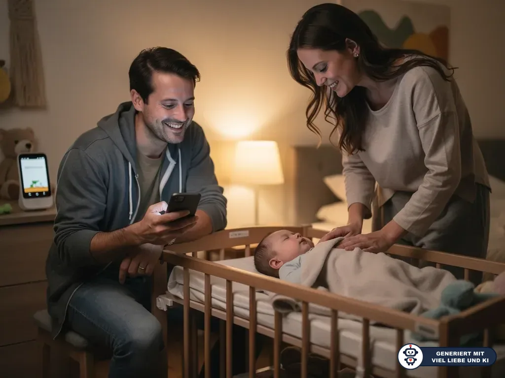 Eltern stehen am Babybett; der Vater prüft eine App, die Mutter deckt das schlafende Baby zu. (mit KI erstellt)