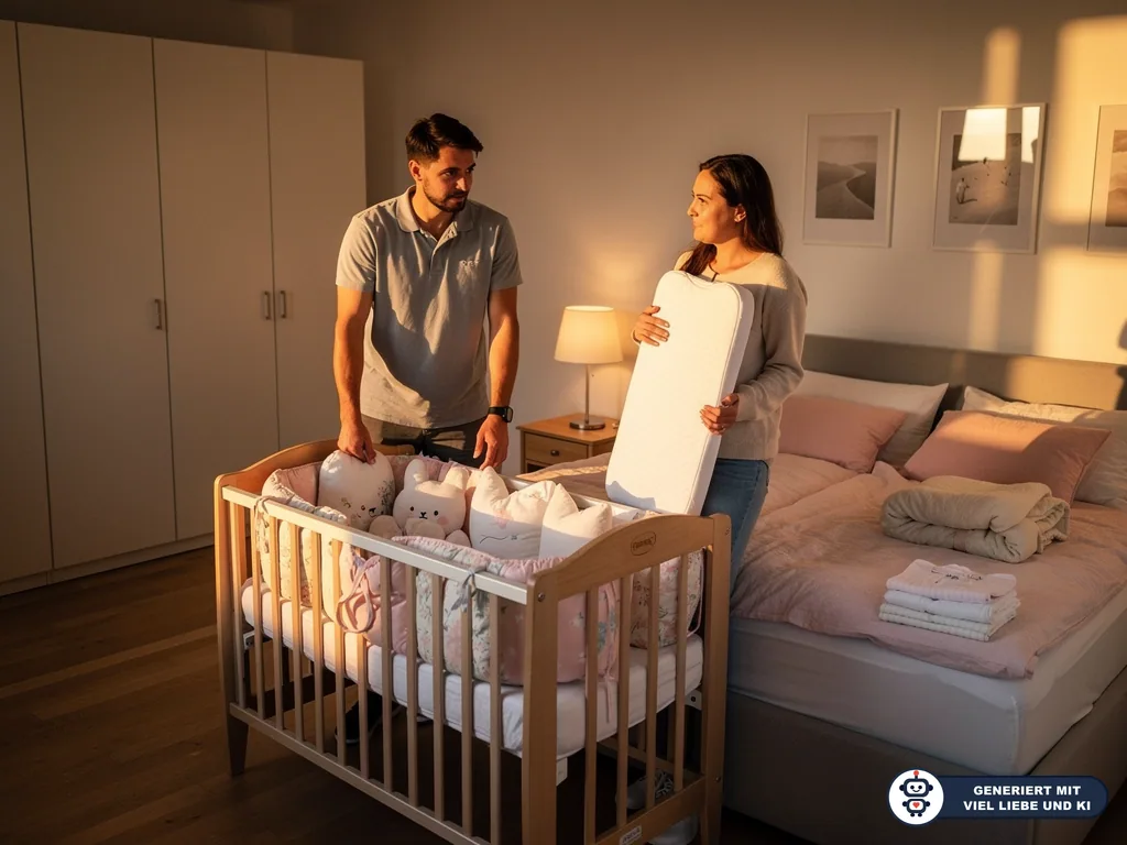 Eltern stehen am Babybett mit Kissen und Nestchen; die Mutter hält eine Matratze im Schlafzimmer. (mit KI erstellt)