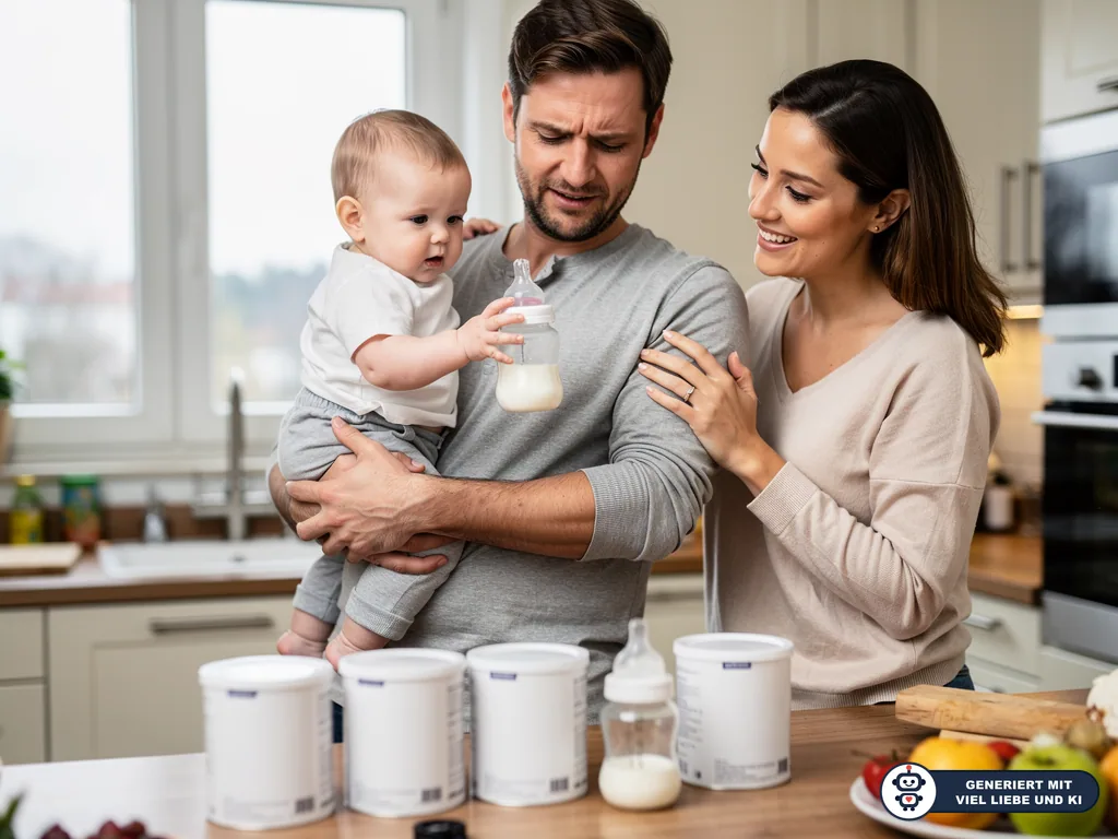 Eltern stehen mit Baby in der Küche vor Dosen mit Flaschennahrung und einer Babyflasche. (mit KI erstellt)