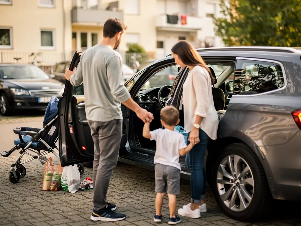 Eltern stehen mit Kind an geöffneter Autotür eines Kombis; Kinderwagen und Einkaufstaschen liegen daneben.