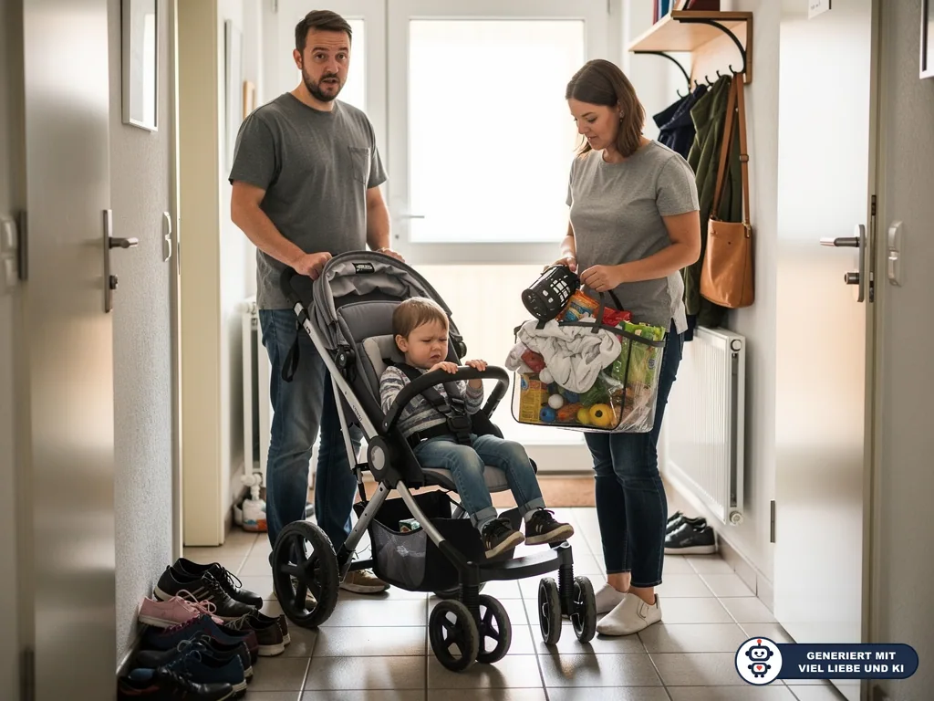 Eltern stehen mit Kleinkind im Kinderwagen und voller Einkaufstasche im engen Flur. (mit KI erstellt)