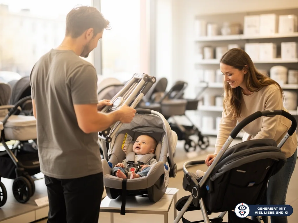 Eltern testen im Fachgeschäft Kinderwagen und Babyschale, während ein Baby angeschnallt in einer Schale liegt. (mit KI erstellt)