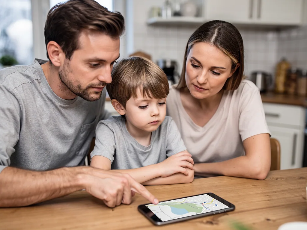 Eltern und Kind sitzen am Küchentisch und schauen auf ein Smartphone mit Kartenansicht.