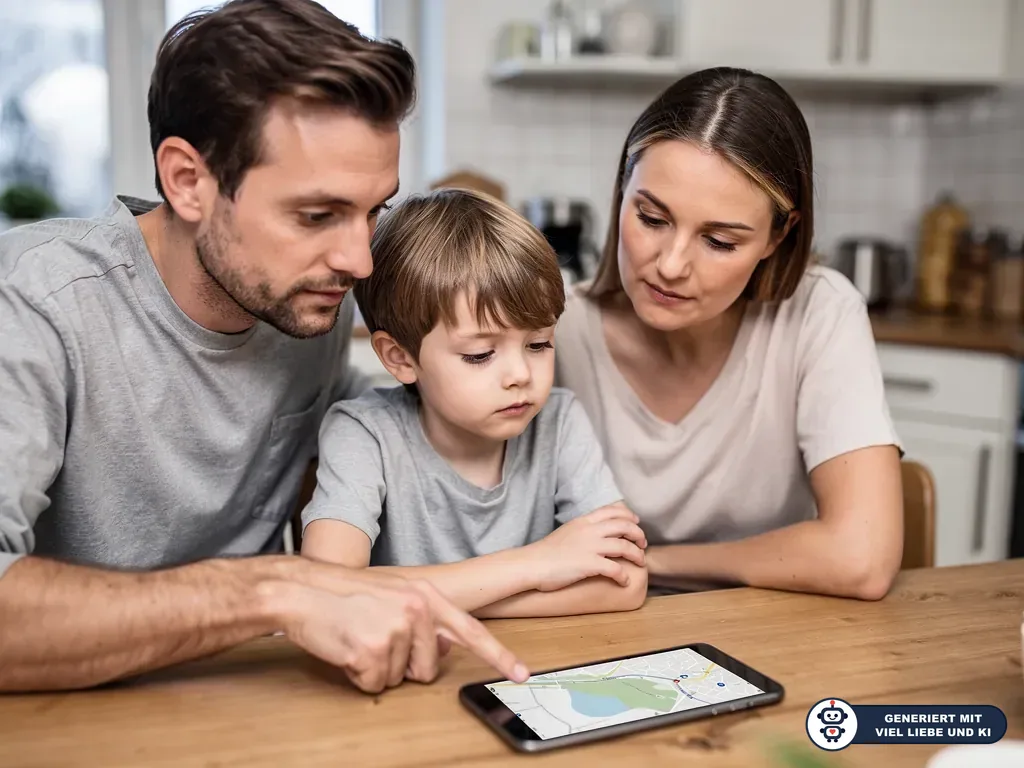 Eltern und Kind sitzen am Küchentisch und schauen auf ein Smartphone mit Kartenansicht. (mit KI erstellt)