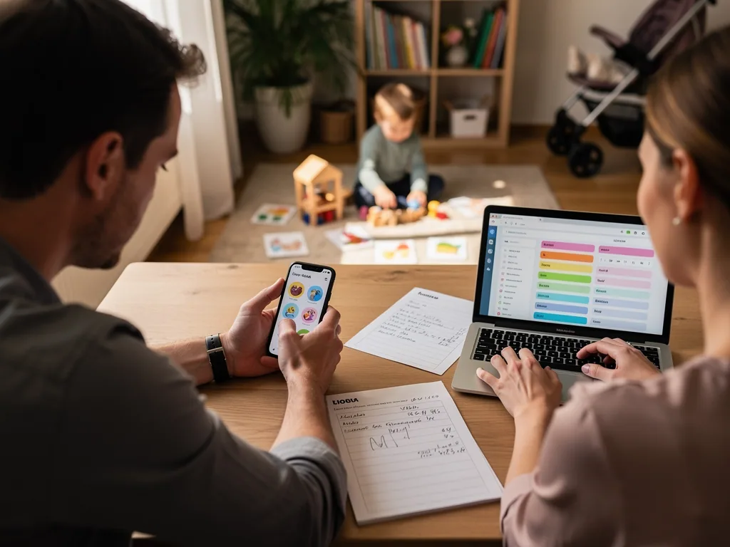 Eltern vergleichen Babynamen am Laptop und Smartphone, während ein Kind im Wohnzimmer spielt.