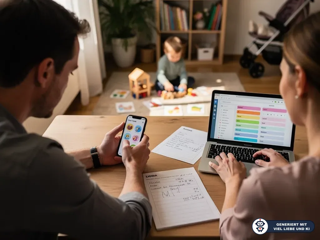 Eltern vergleichen Babynamen am Laptop und Smartphone, während ein Kind im Wohnzimmer spielt. (mit KI erstellt)