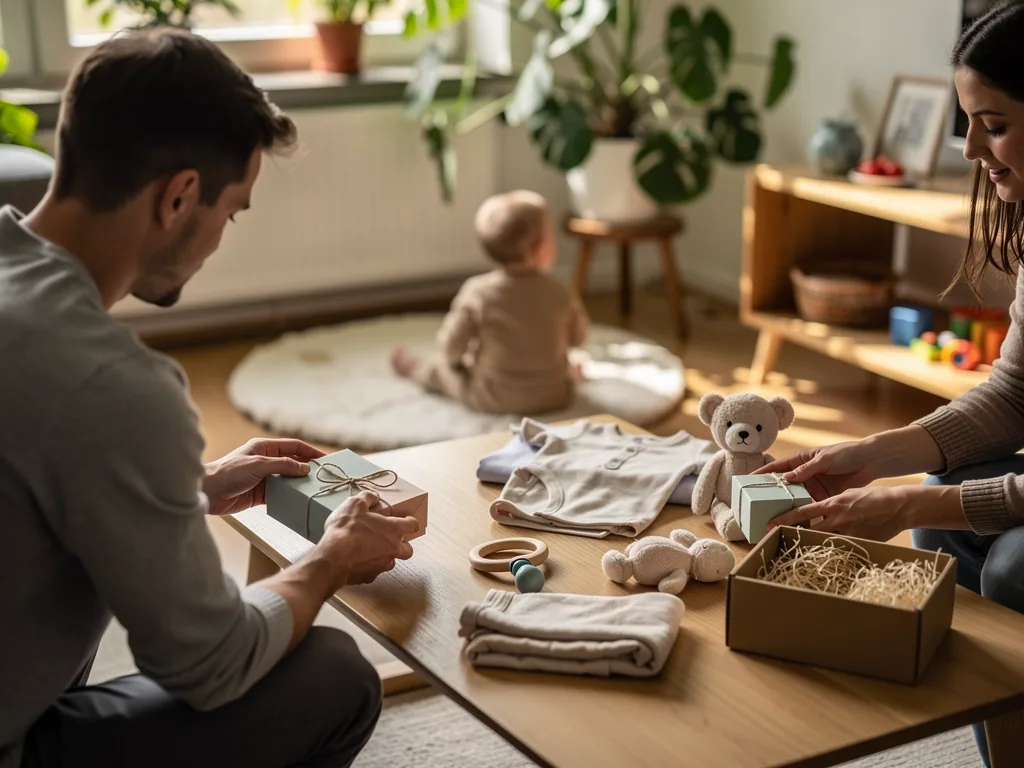 Eltern verpacken Babygeschenke mit Kleidung, Kuscheltier und Rassel, während ein Baby im Wohnzimmer sitzt.