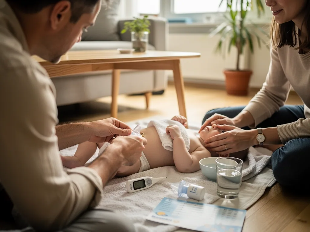 Eltern versorgen ein Baby mit Fieber auf einer Decke; daneben liegen Fieberthermometer, Fläschchen und Wasser.