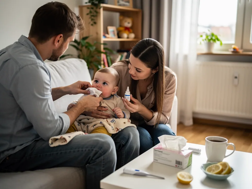Eltern versorgen ein erkältetes Baby auf dem Sofa mit Taschentuch, Nasenspray und Fieberthermometer.