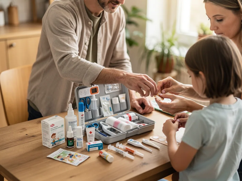 Eltern versorgen ein Kind am Küchentisch neben geöffnetem Erste-Hilfe-Kasten mit Pflastern, Thermometern und Medikamenten.