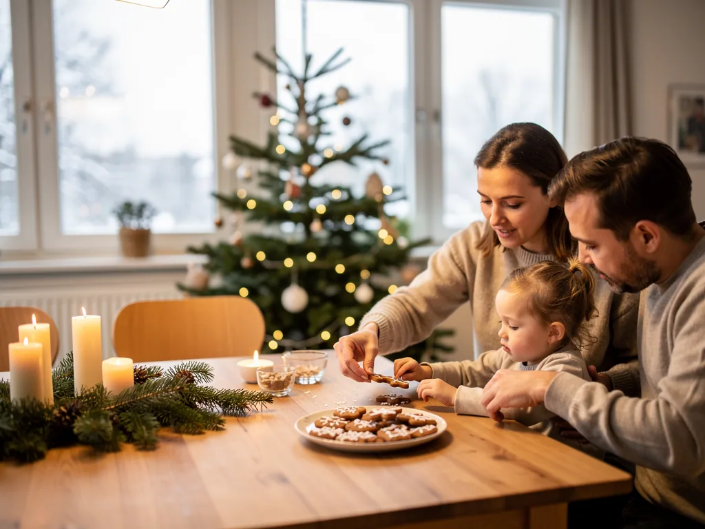 Eltern verzieren mit ihrem Kleinkind Plätzchen am Tisch, im Hintergrund leuchtet ein Weihnachtsbaum.