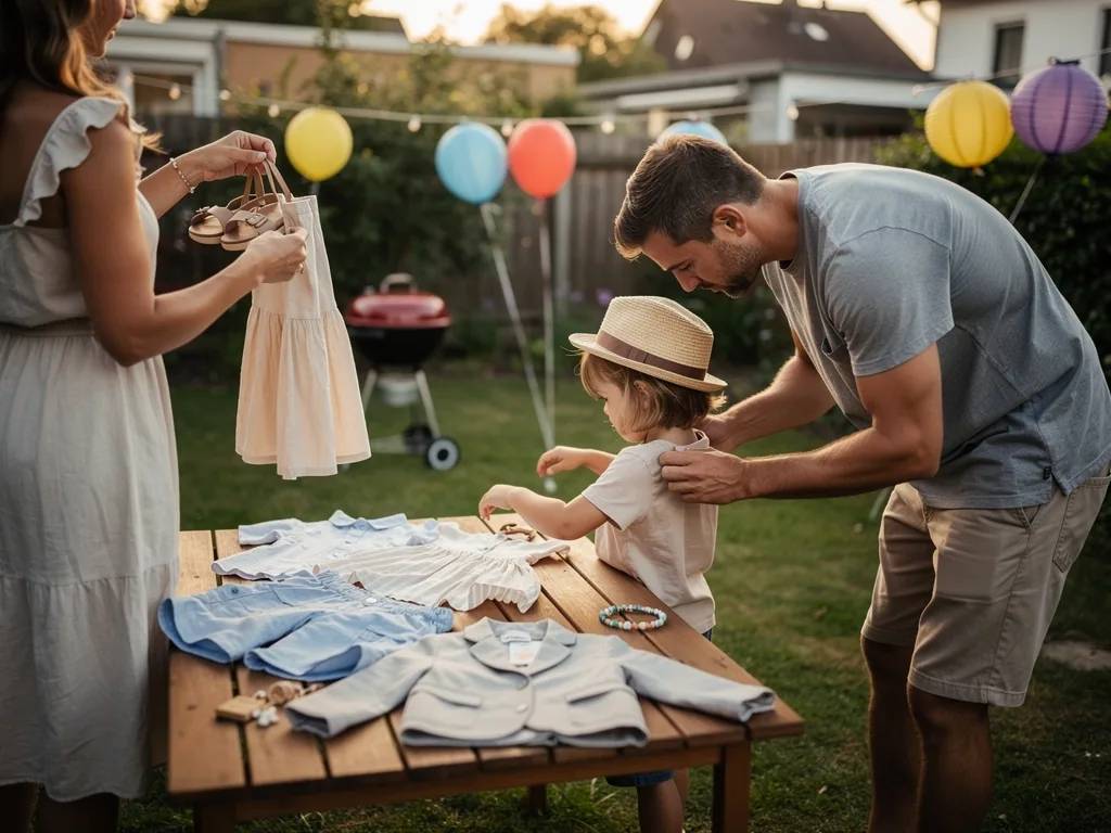 Eltern wählen im Garten Sommerkleidung für ein Kind aus, während Lampions und Luftballons ein Fest andeuten.