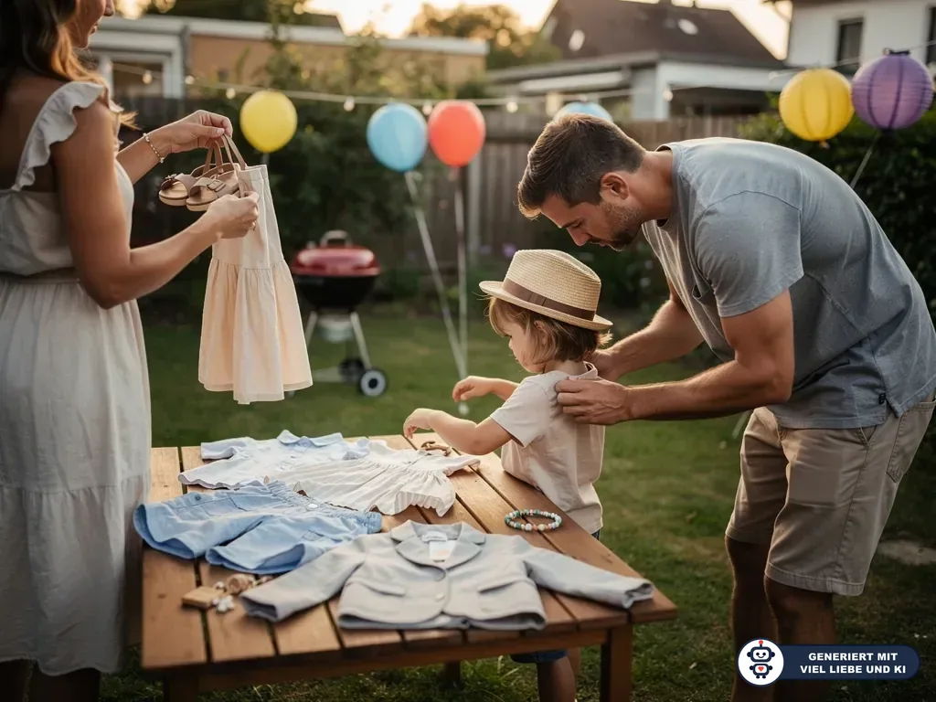 Eltern wählen im Garten Sommerkleidung für ein Kind aus, während Lampions und Luftballons ein Fest andeuten. (mit KI erstellt)