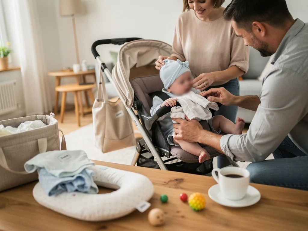 Eltern ziehen einem Baby im Kinderwagen Mütze und Kleidung an, davor liegen Babysachen und Spielzeug.