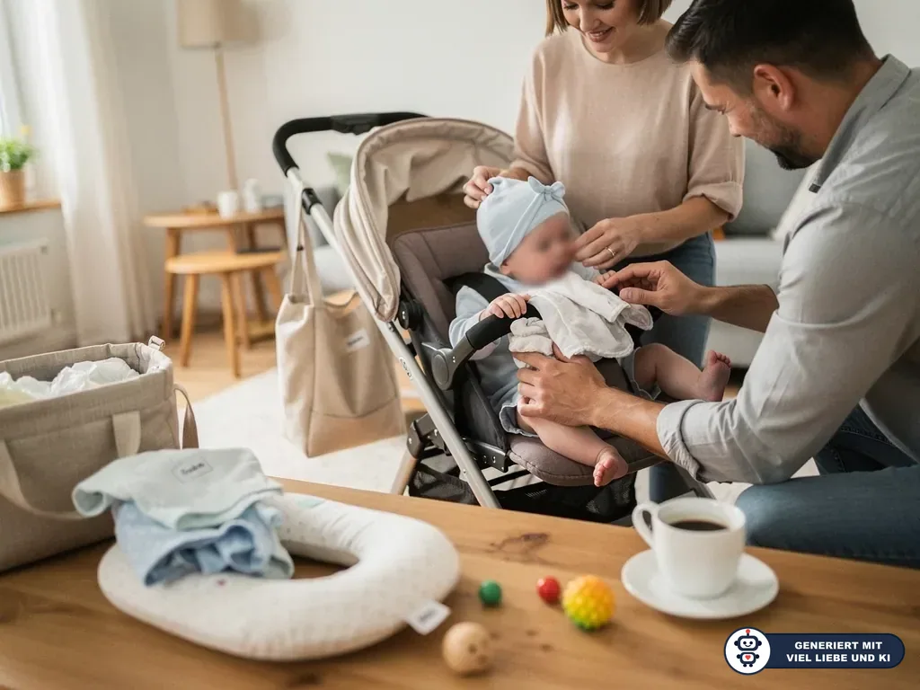 Eltern ziehen einem Baby im Kinderwagen Mütze und Kleidung an, davor liegen Babysachen und Spielzeug. (mit KI erstellt)
