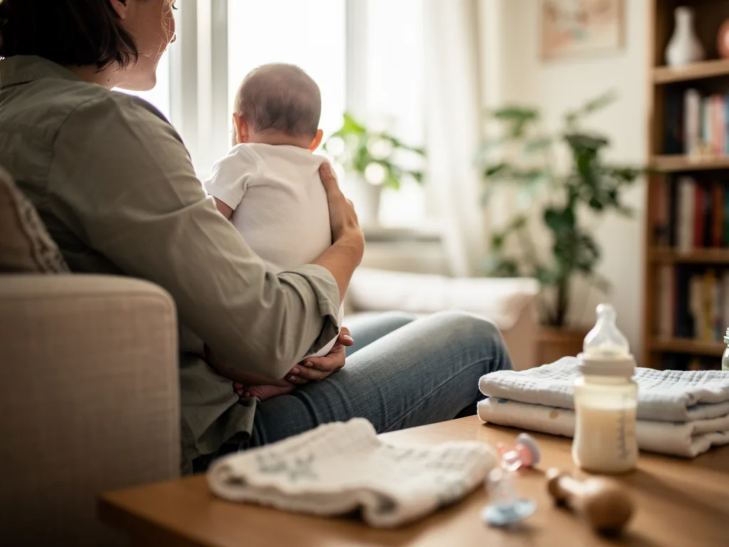 Elternteil hält ein Baby auf dem Schoß; auf dem Tisch liegen Fläschchen, Schnuller und gefaltete Babykleidung.