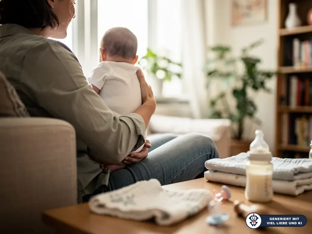 Elternteil hält ein Baby auf dem Schoß; auf dem Tisch liegen Fläschchen, Schnuller und gefaltete Babykleidung. (mit KI erstellt)